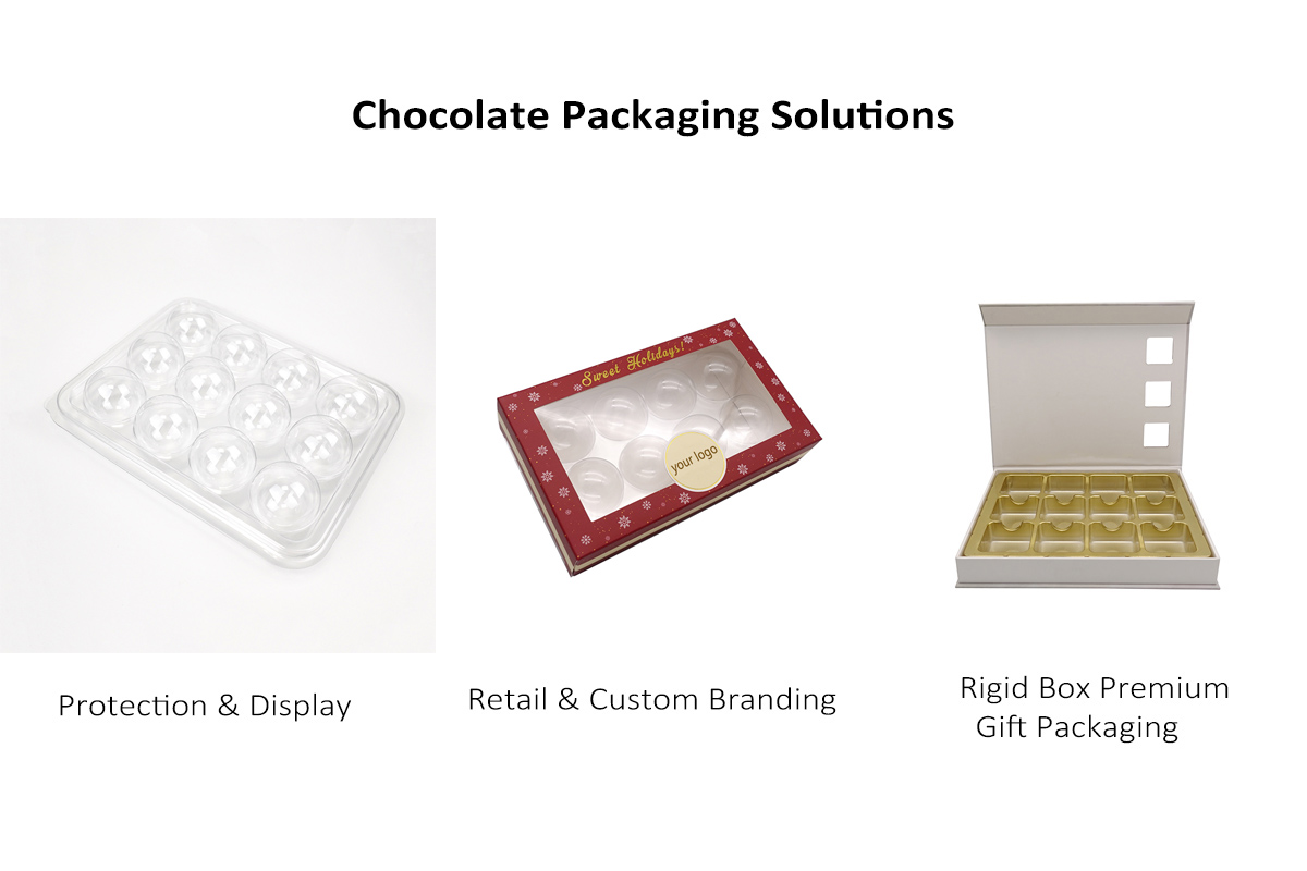 Chocolate truffle packaging options including paper rigid and PET packaging