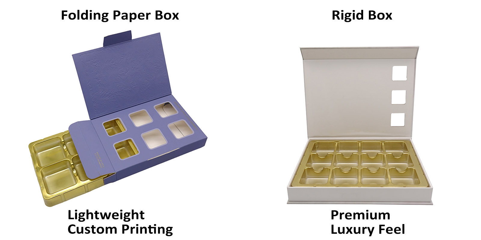 Paper box and rigid box for chocolate gift packaging