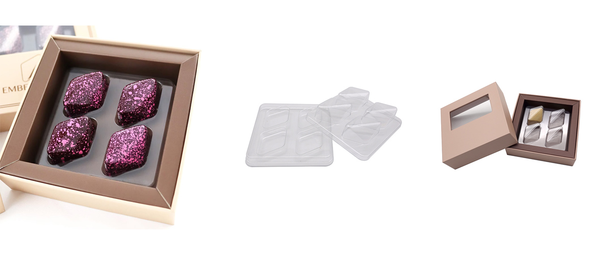 Rigid chocolate box with PET insert for chocolate gift packaging