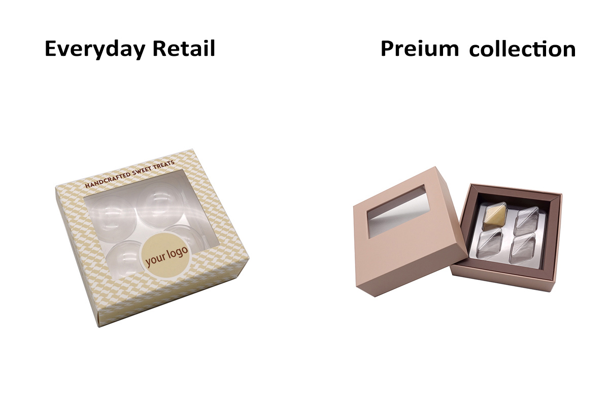 Folding paper box and rigid cardboard box for different chocolate product ranges
